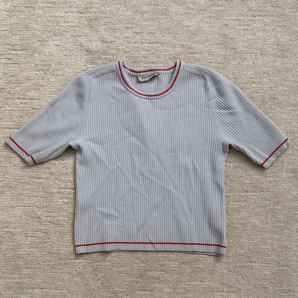 Everlane Blue Ribbed Top with Red Accents